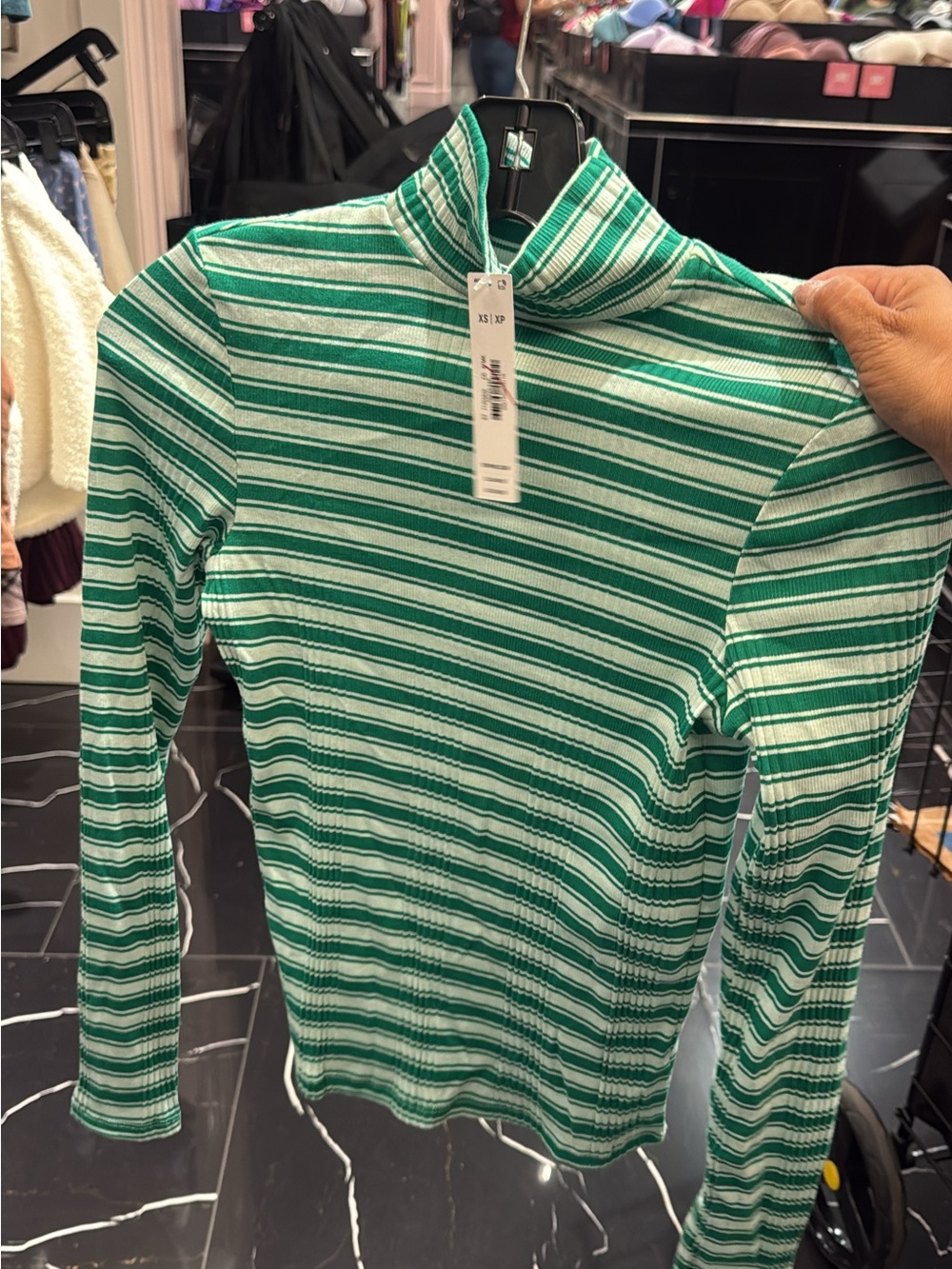 PINK Striped Green Mock-Neck Long-Sleeve Top